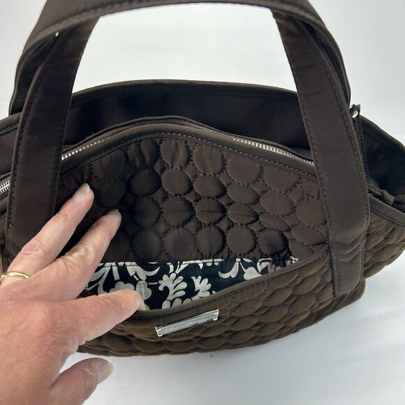 Vera Bradley Microfiber Purse Top Handle Satchel Quilted Espresso Brown Circles - Picture 7 of 16